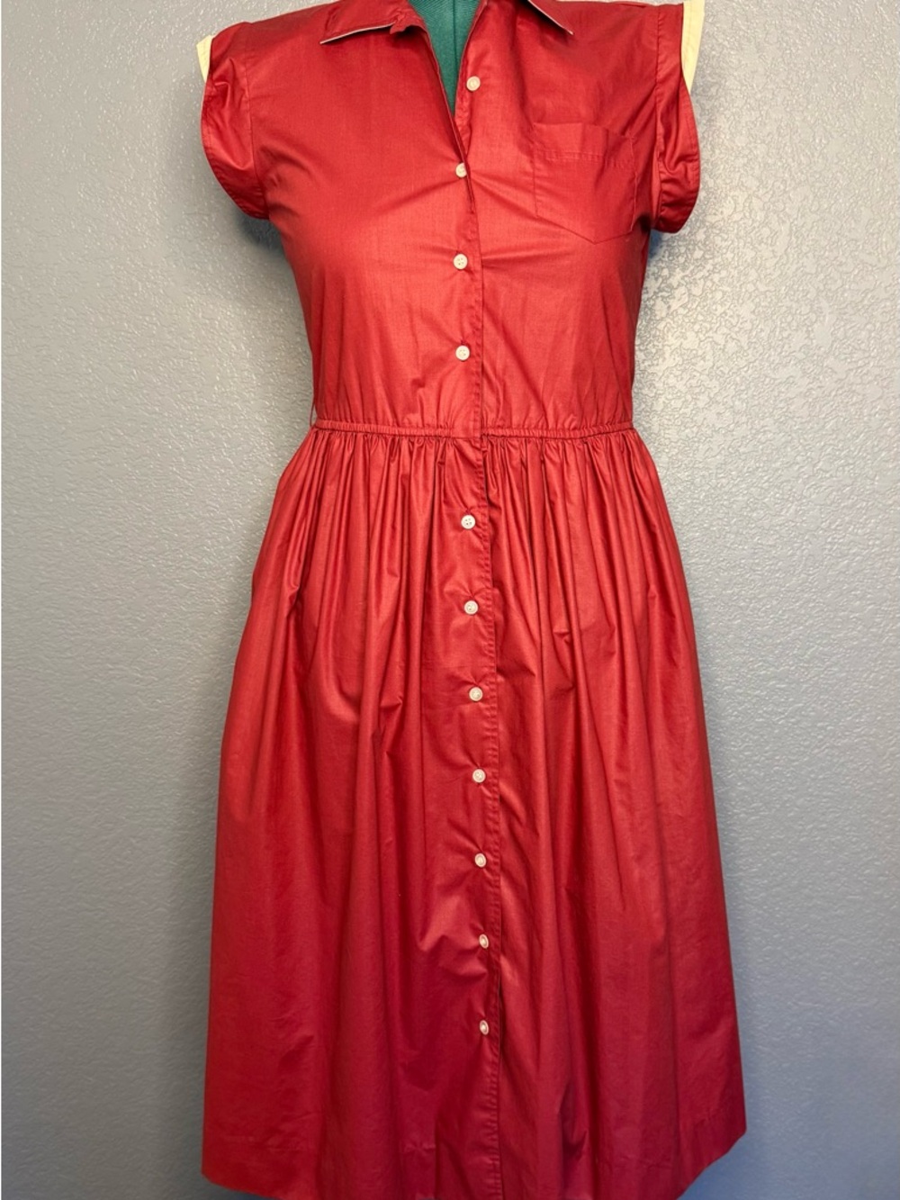 Vintage Red Shirt Dress Midi Button Front Fit & Flare Cotton‎ Women’s 10